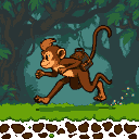 A brown jungle monkey with golden chest fluff sprints forward, its long tail arched high. It carries a leaf-woven sling bag on its back. The background is a dense jungle with vines and trees.