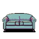 A light teal plush sofa with rolled arms and a tufted backrest, rendered in cool blues, purples, and pinkish hues.