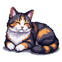 A calico cat sleeps with its eyes closed and a contented smile, curled up with paws tucked under its chest.