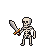 Skeletal warrior with a crudely fashioned sword, hilt glinting orange and red.