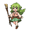 Young mage with flowing green hair and a delighted expression, holding a wooden staff with a skull embellishment. She wears a light pink tunic over a white shirt, a brown belt with pouches, and a mint-green skirt.