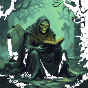Skeletal crypt guardian in tattered robes hunched over a moss-covered tombstone, reading a dusty book. Yellow light emanates from its eye sockets. Fog and dim moonlight create a gothic atmosphere.