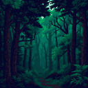 A winding path leads into a dense, dark green forest with towering trees and lush undergrowth, illuminated by dappled sunlight.