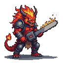 Fearsome fire demon with crimson skin, dark segmented armor, menacing horns, a fiery mane, and a coiled tail, wielding a roaring chainsaw.