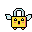 Anthropomorphic padlock with yellow body, wide-open black mouth, pink cheeks, black eyes with white highlights, and light blue and white wings.