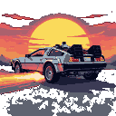 Rear view of a DeLorean car speeding through a desolate landscape, leaving a fiery pixelated exhaust trail. A large, hazy sun illuminates a dramatic sunset sky.