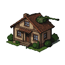 A green military tank is balanced on the tiled roof of a two-story house.