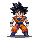 Determined Goku in an orange gi with blue accents, spiky black hair, and intense blue eyes, in a ready stance.