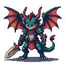 Fierce reptilian demon with emerald scales, dark blue and crimson armor, spread crimson wings, sharp horns, fiery orange eyes, and a glowing orange sword.