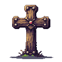 A weathered wooden cross with rounded rivets and a central ruby, resting on sparse moss and pebbles against a dark background.