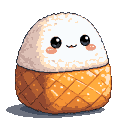 Pixel Art: An onigiri as a pet, cute chibi, with black eyes rounding, giving a simple smile. (generated with AI by Lysgon Manticore).
