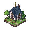 Isometric cottage with a dark blue tiled roof, white walls, and dark timber framing, surrounded by green grass, bushes, stones, and two trees. A stone chimney emits pixelated smoke, and windows are lit yellow. A stone path leads to the entrance.