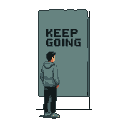 Pixel Art: um pessoa olhando para uma parede com frase motivacional