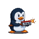 A plump penguin with rosy cheeks holds a stick of TNT dynamite that is actively exploding with fiery sparks.
