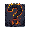 A large, dark stone question mark with a fiery orange and yellow inferno glowing from within, surrounded by sparks and ash.