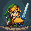 Link in a green tunic and hat, holding a large taco with both hands, with his sword raised behind him.