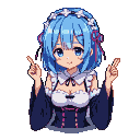 Rem from Re:Zero with blue hair, floral headband, and pink ribbons, wearing her maid outfit. Her index fingers are crossed.