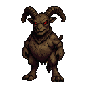 A hunched, menacing goat-like creature with glowing crimson eyes and powerful curved horns.