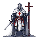 A Templar Knight in white tunic with a red cross over plate armor, hooded helmet, and hands on a broadsword with a red cross hilt.