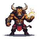 Minotaur with tribal armor, crimson loincloth, and a glowing orb of light in its right fist.
