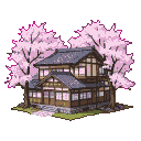 Traditional Japanese house with a dark tiled roof amidst a vibrant sakura forest with pink blossoms and scattered petals.