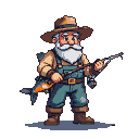 A stout fisherman with a white beard and hat holds a fishing rod and a large orange-tailed fish.