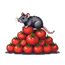 A gray rat sits on a pixelated red tomato pyramid, holding a small white object.