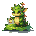 Forest sprite with emerald moss and glowing mushrooms, holding a dewdrop lantern on a giant leaf.