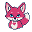 Stylized fuchsia fox with cerulean eyes, pointed ears tipped in pink, a bushy tail with white accents, and a white chest patch with a pink heart.