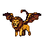 Golden-brown pixelated creature resembling a lion with leathery bat wings and a segmented scorpion tail, poised against a black background.
