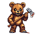 Anthropomorphic teddy bear with glowing yellow eyes and a toothy, blood-stained grin, holding a bloodied axe. Its brown fur is torn and stained with dark red.