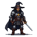 Stern warrior in leather armor with metal pauldrons, a golden Christian cross on his chest, long black hair with a white streak, and a saber at his hip, poised to grasp a hand crossbow.