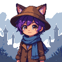 Child with purple hair, yellow cat-like eyes, and whiskers, wearing a brown cat-ear hat, coat, and blue tasseled scarf, standing before a foggy landscape with distant tower silhouettes.