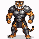 Muscular human-tiger hybrid warrior in metallic armor, with orange and black stripes and a fierce expression.
