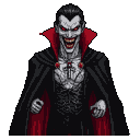 A sinister vampire with glowing red eyes and sharp teeth grins, wearing a black cape lined with red.