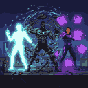 Three superheroes in a dynamic pose against a nighttime city. A glowing cyan figure on the left, a dark-skinned man surrounded by swirling metal debris in the center, and a figure manipulating floating purple geometric shapes on the right.