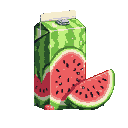 Carton of watermelon juice with sliced watermelon designs, next to a wedge of fresh watermelon.
