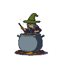 Whimsical witch with a green hat and spectacles stirs a bubbling cauldron with two wooden spoons, wisps of white magic emanating from her wand.