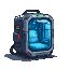 Futuristic backpack-style hibernation pod with dark grey casing, glowing blue translucent panels, and small green and red indicator lights.