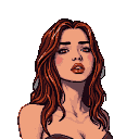 A woman with voluminous auburn hair, a captivating gaze directed slightly upwards, and parted lips.