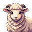 A fluffy, cream-colored sheep with pink ears and large, dark eyes, looking forward.