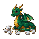 A green pixel art dragon sits peacefully with a flock of white sheep.