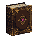 An ancient, dark brown book with ornate golden filigree and a central star-shaped emblem featuring a magenta gem.