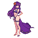 Succubus with flowing purple hair and an orange flower in her bikini, wearing a long purple train.