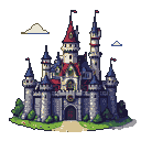 A grey and blue stone castle with red-roofed spires and flags, a green foliage-lined path leading to its arched entrance, set against a dark background.