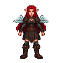 Elven warrior with fiery red hair, dark armor, red cape, and feathered wings, standing in a battle-ready pose.