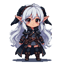 Dark-skinned elf with long white hair, piercing red eyes, and tattered dark armor with leather and fur accents.