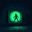 A green-glowing human silhouette emerges from static on a CRT television screen.