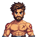 A scarred, muscular man with brown hair and beard, piercing blue eyes, and tribal tattoos.