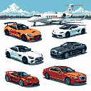 Pixel Art: Luxury cars AMG 63 Lamborghini Private jet Rolls Royce all cars in one location (generated with AI by Zirgon Faerie).